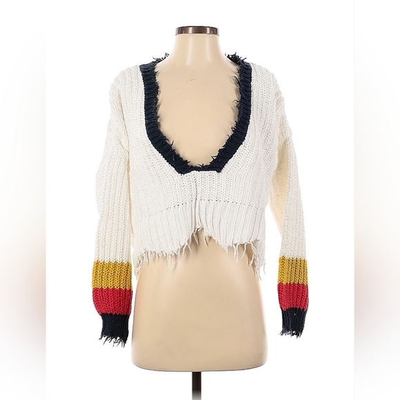 Wildfox Sweater XS White Color Block Distressed Plunge Pullover - Picture 2 of 4